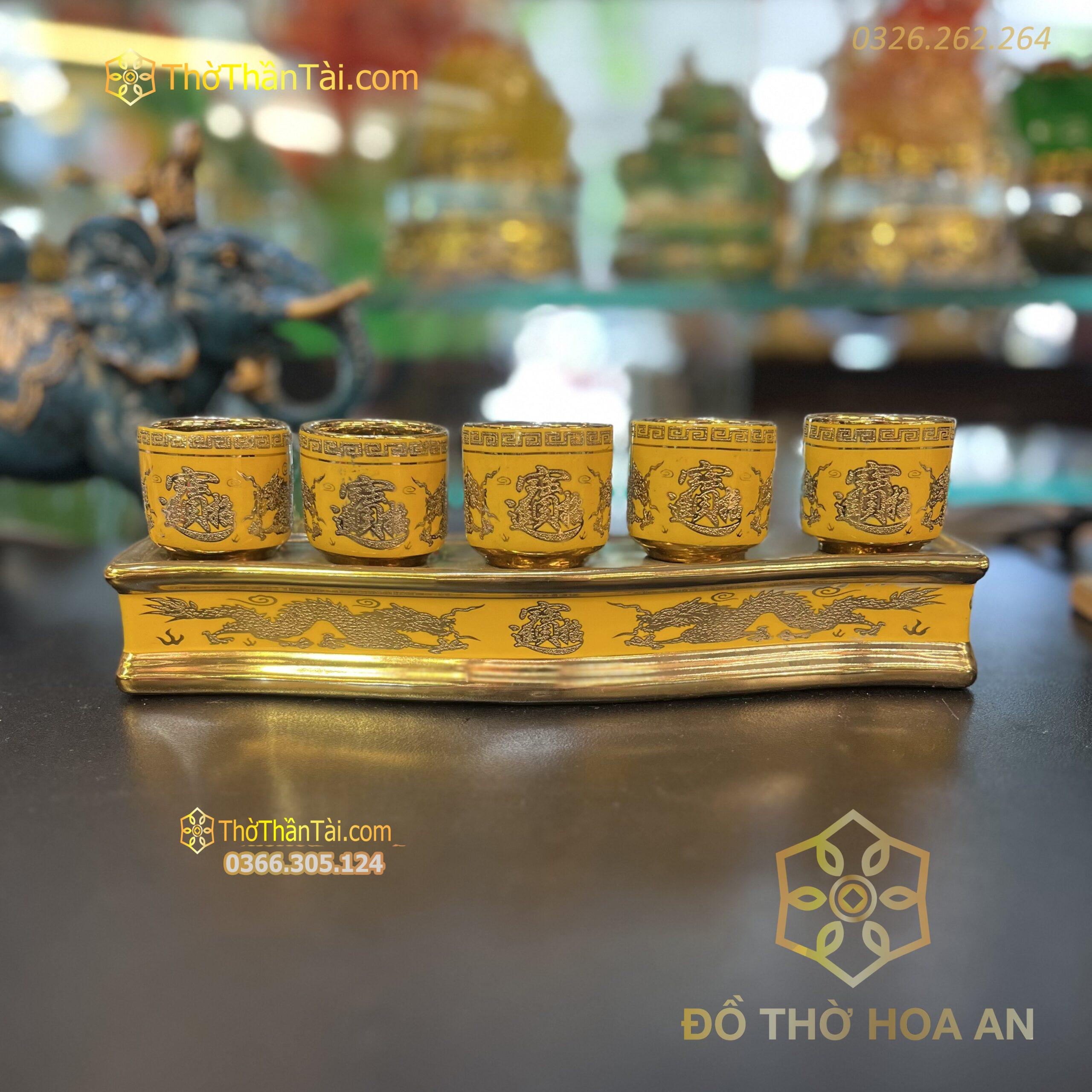 Khay Nước 5 Chén Men Vàng Kim Sa