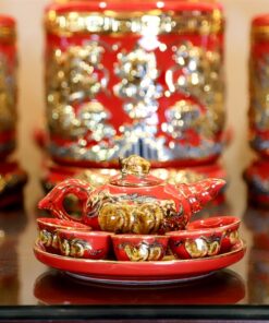 Bộ Ấm Chén Trà Thờ Men Đỏ Vẽ Vàng 24K