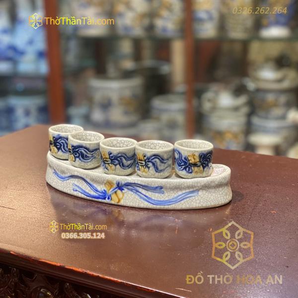 Khay/ Kỷ Nước 5 Chén Men Rạn Đắp Nổi