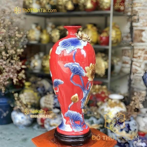Mai Bình Sen Cá Men Màu Đắp Nổi