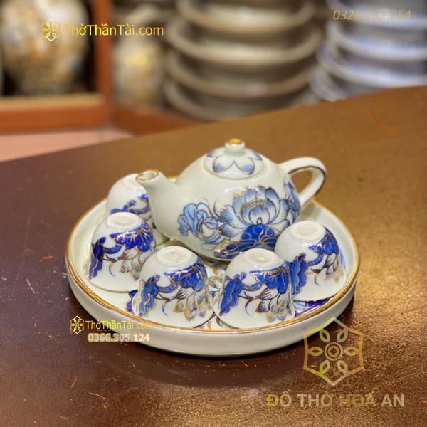 Bộ Ấm Chén Trà Thờ Men Lam Vẽ Vàng 24K