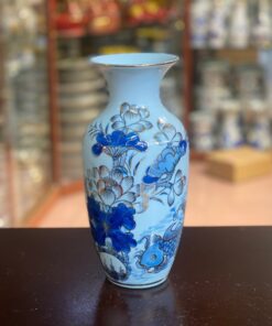 Lọ Hoa Dáng Lục Bình Men Lam Vẽ Vàng 24K