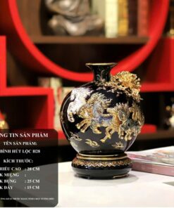 Bình Hút Lộc Mã Đáo Thành Công Men Đen Đắp Nổi Vẽ Vàng 24K H28