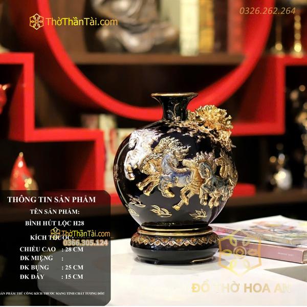 Bình Hút Lộc Mã Đáo Thành Công Men Đen Đắp Nổi Vẽ Vàng 24K H28