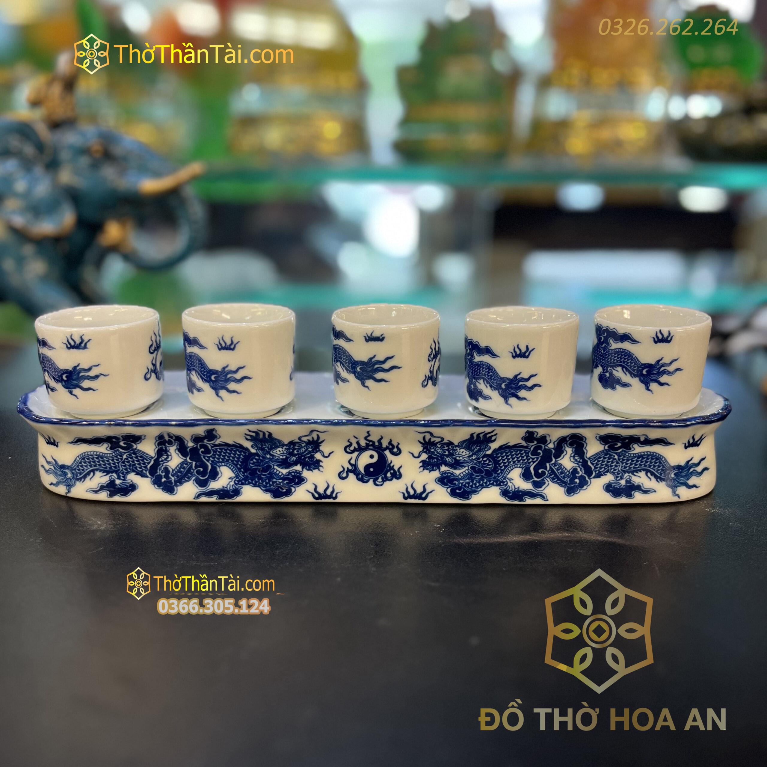 Khay/Kỷ nước Bát Tràng Rồng 5 Chén Men Lam