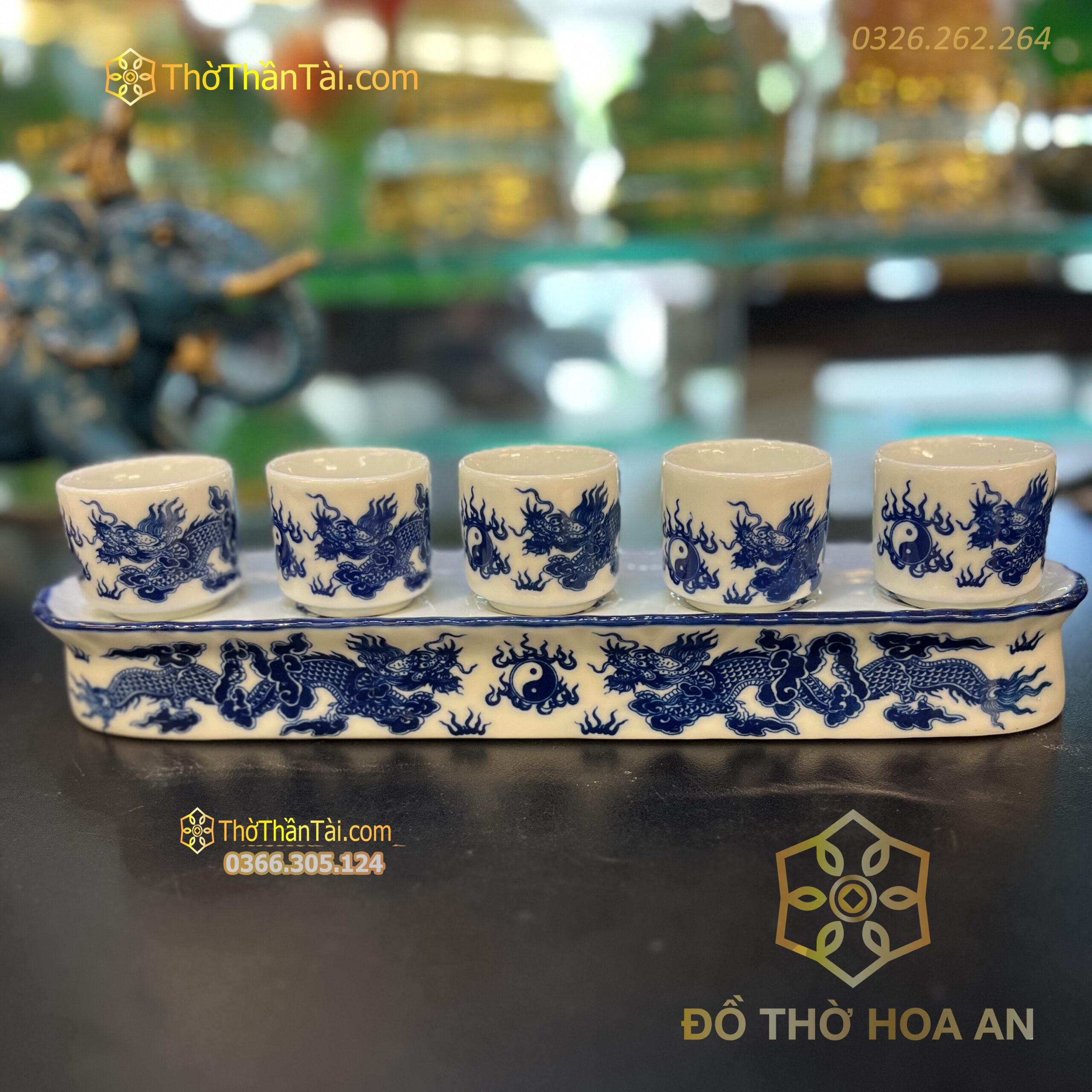 Khay/Kỷ nước Bát Tràng Rồng 5 Chén Men Lam