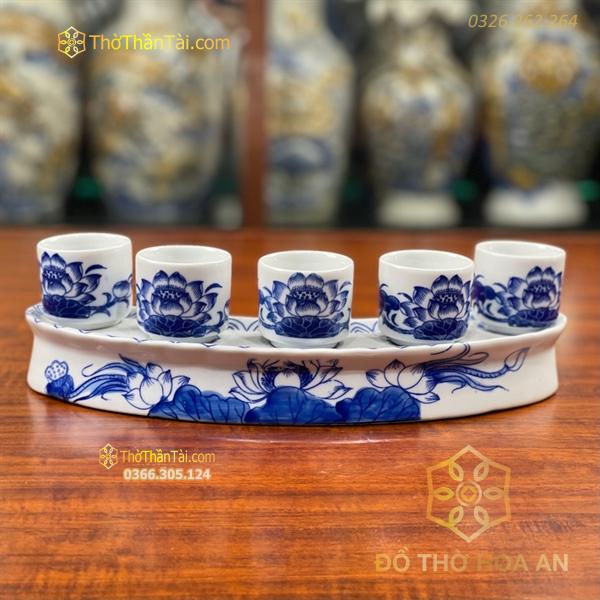 Khay/ Kỷ Nước 5 Chén Hoa Sen Men Lam