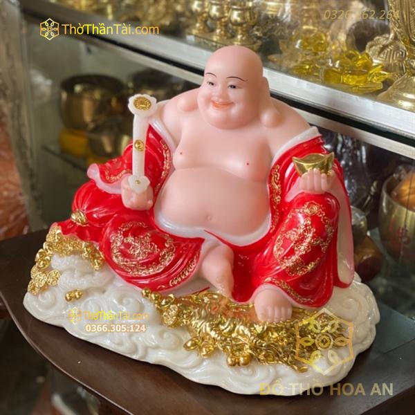 Di Lặc Bột Đá Đỏ Cầm Gậy Như Ý