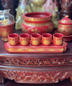 Khay Nước 5 Chén Sứ Gấm Đỏ