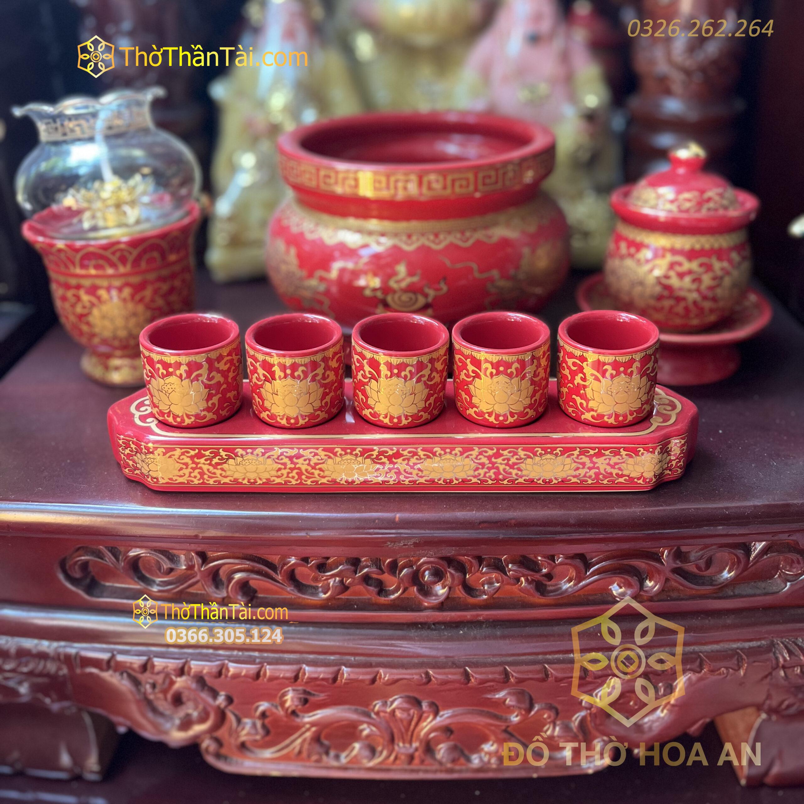 Khay Nước 5 Chén Sứ Gấm Đỏ