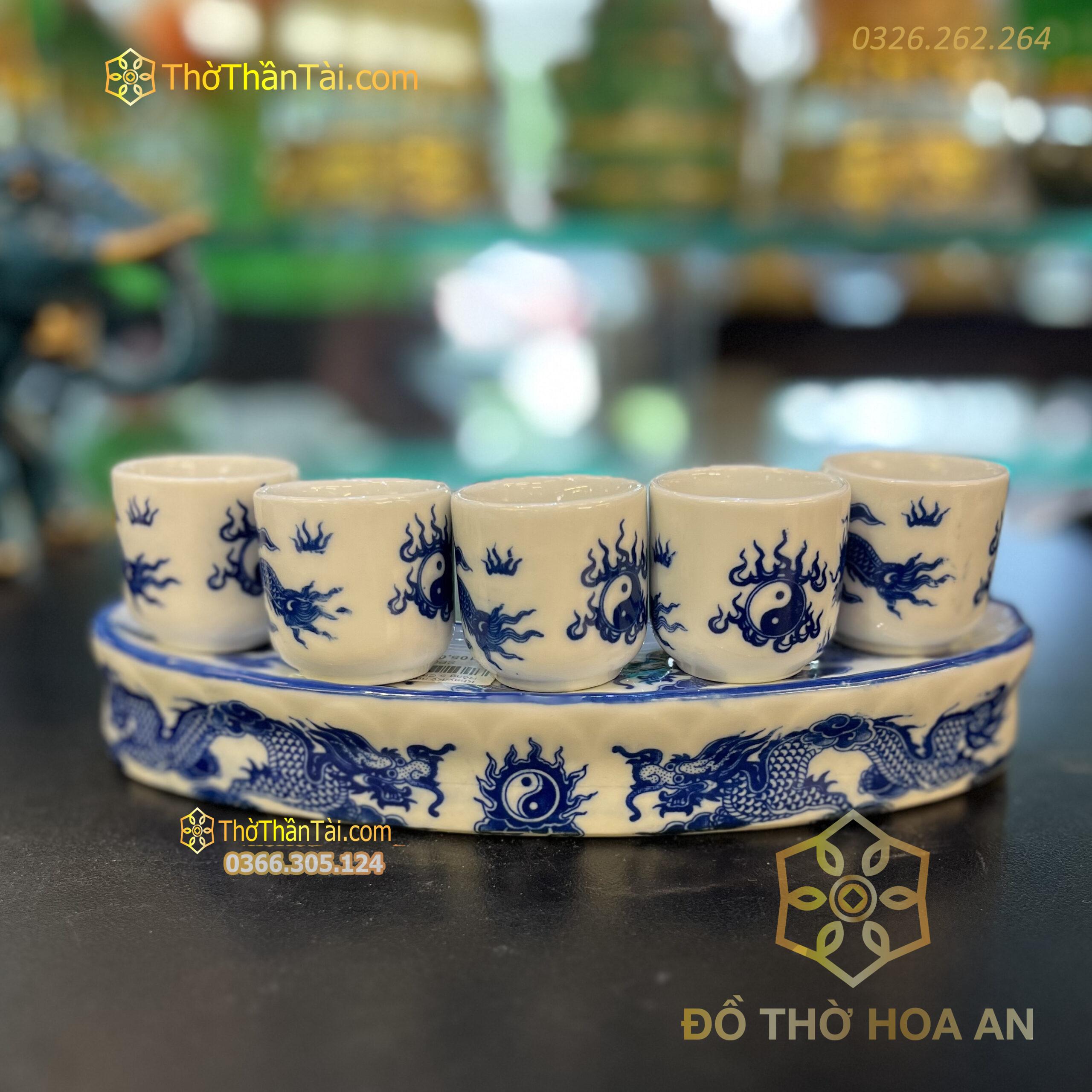Khay/Kỷ nước Bát Tràng Rồng 5 Chén Men Lam