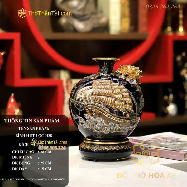 Bình Hút Lộc Thuận Buồm Xuôi Gió Men Đen Đắp Nổi Vẽ Vàng 24K H28