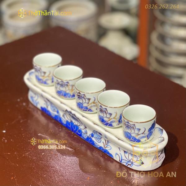 Kỷ/Khay Nước 5 Chén Men Lam Vẽ Vàng 24K