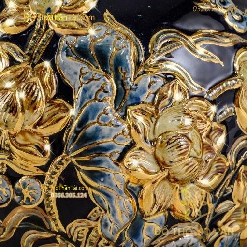 Bình Hút Lộc Thuận Buồm Xuôi Gió Men Đen Đắp Nổi Vẽ Vàng 24K H28