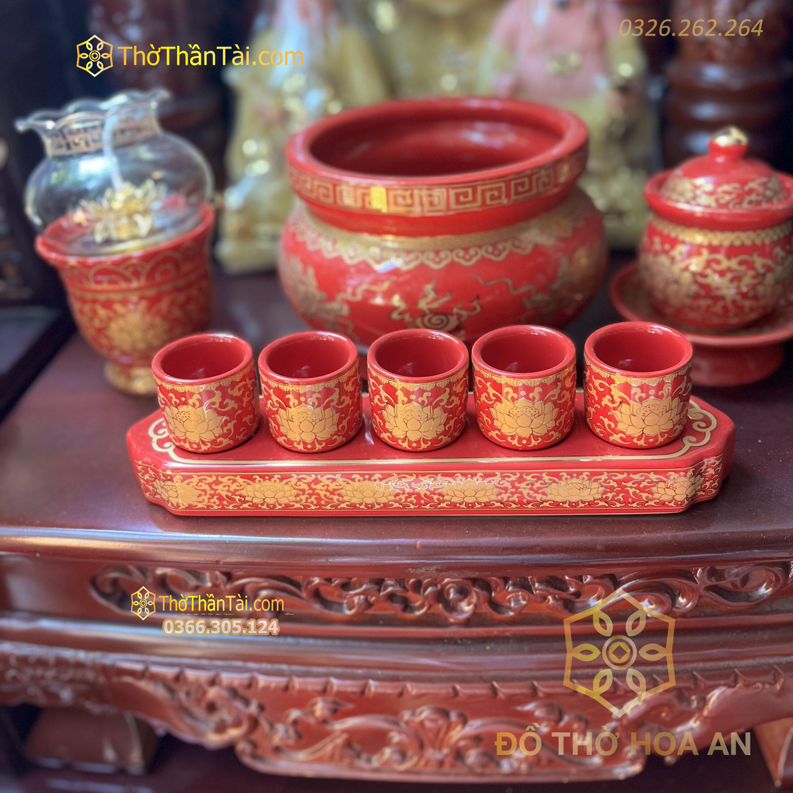 Khay Nước 5 Chén Sứ Gấm Đỏ