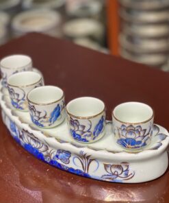 Kỷ/Khay Nước 5 Chén Men Lam Vẽ Vàng 24K
