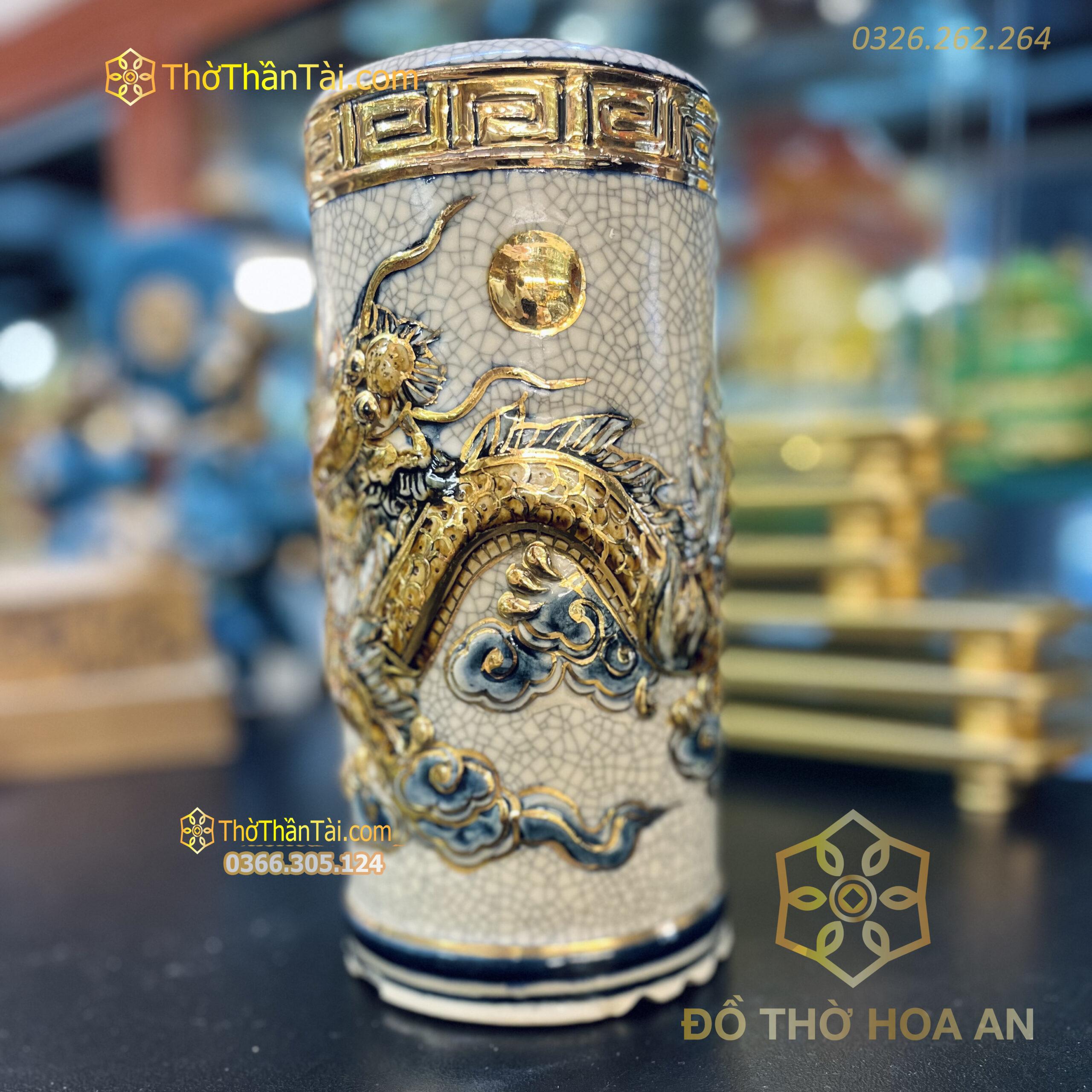 Ống Hương Men Rạn Đắp Nổi Vẽ Vàng