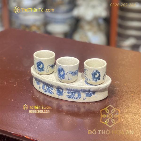 Kỷ/ Khay Nước 3 Chén Men Rạn Vẽ