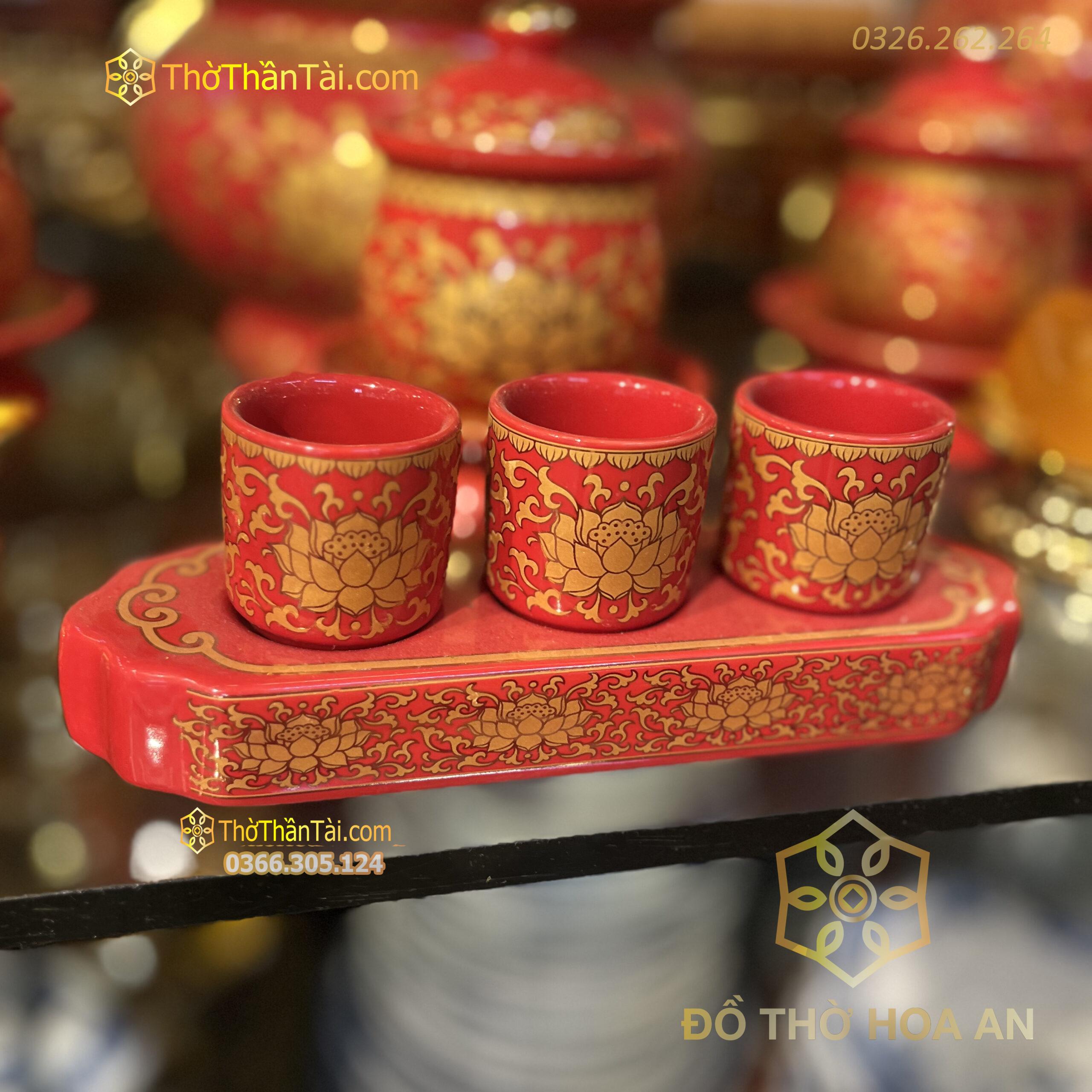 Khay Nước 3 Chén Sứ Gấm Đỏ