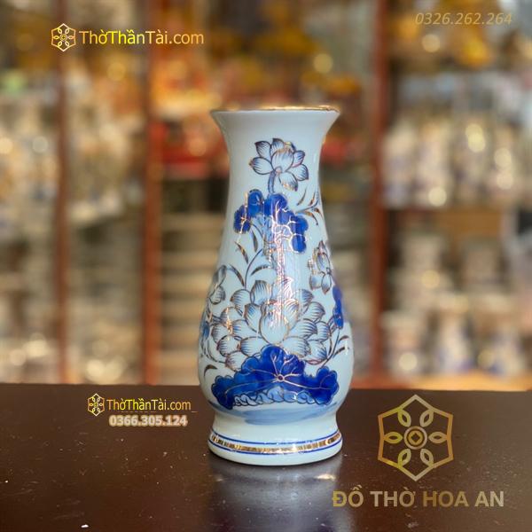 Lọ Hoa Dáng Huệ Sen Men Lam Vẽ Vàng 24K