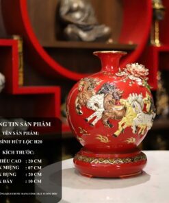 Bình Hút Lộc Mã Đáo Thành Công Men Đỏ Đắp Nổi Vẽ Vàng 24K H20