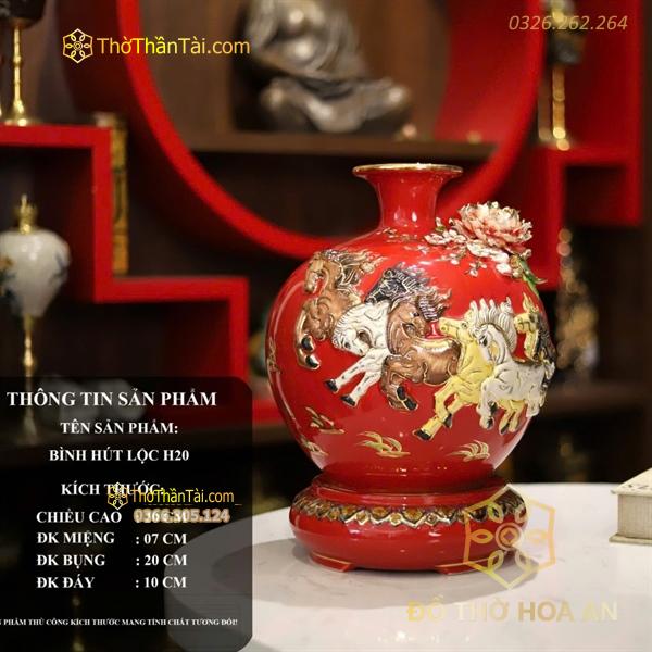 Bình Hút Lộc Mã Đáo Thành Công Men Đỏ Đắp Nổi Vẽ Vàng 24K H20