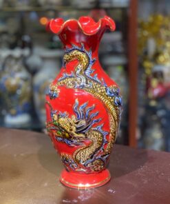 Lọ Hoa Men Đỏ Rồng Lượn Vẽ Vàng 24K