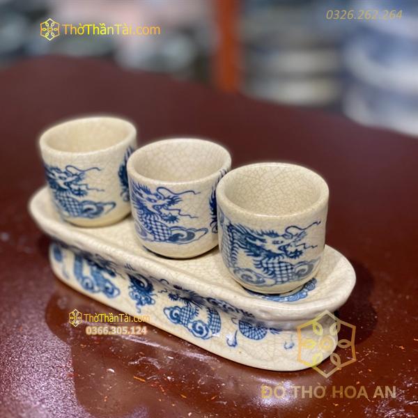 Kỷ/ Khay Nước 3 Chén Men Rạn Vẽ