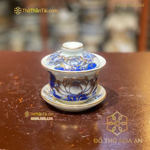Bát Sâm/ Bát Nước Men Lam Vẽ Vàng 24K