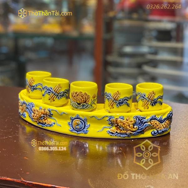 Khay/ Kỷ Nước 5 Chén Men Vàng Hoàng Kim Đắp Nổi