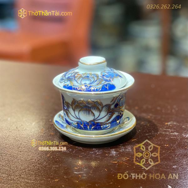 Bát Sâm/ Bát Nước Men Lam Vẽ Vàng 24K
