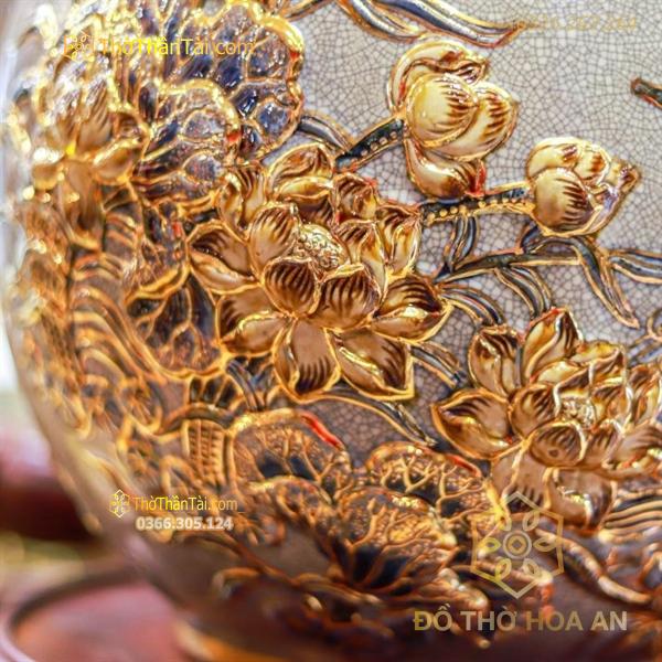Bình Hút Lộc Thuận Buồm Xuôi Gió Men Rạn Đắp Nổi Vẽ Vàng 24K H28