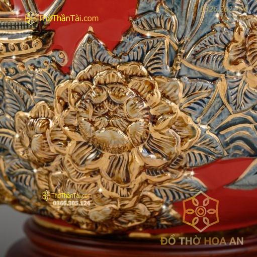 Bình Hút Lộc Thuận Buồm Xuôi Gió Men Đỏ Đắp Nổi Vẽ Vàng 24K H20