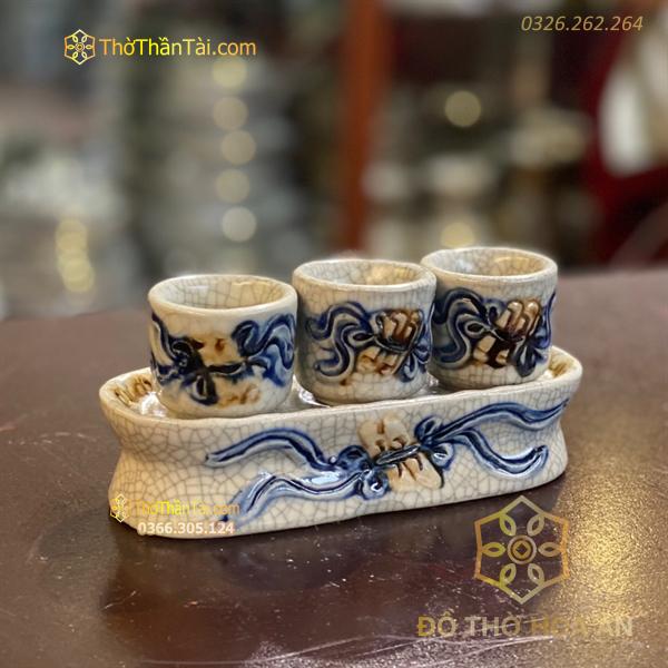 Khay/ Kỷ Nước 3 Chén Men Rạn Đắp Nổi
