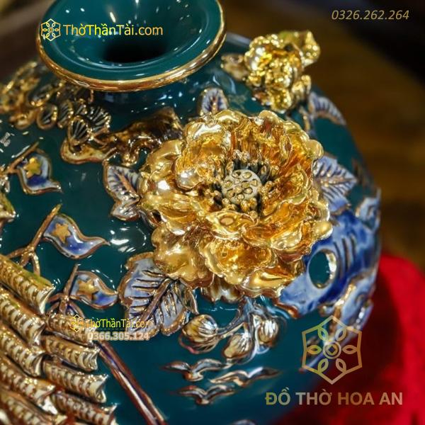 Bình Hút Lộc Thuận Buồm Xuôi Gió Men Xanh Lá Đắp Nổi Vẽ Vàng 24K H28 M2