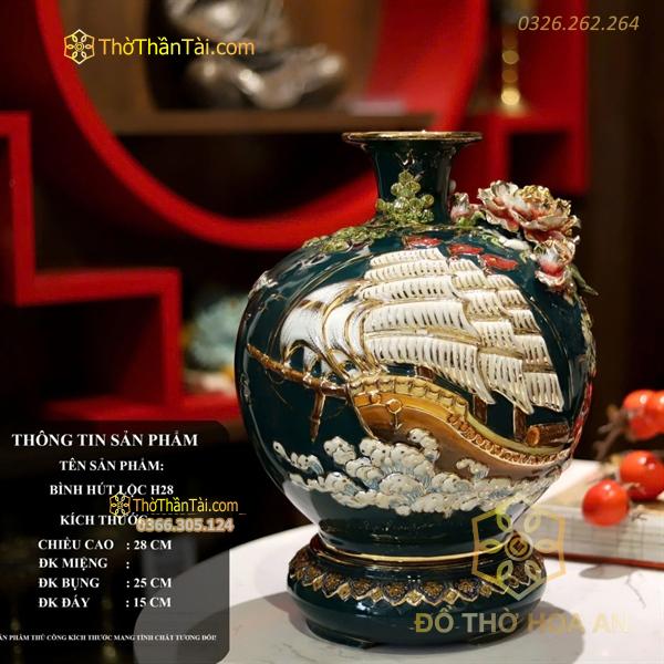 Bình Hút Lộc Thuận Buồm Xuôi Gió Men Xanh Lá Đắp Nổi Vẽ Vàng 24K H28 M1