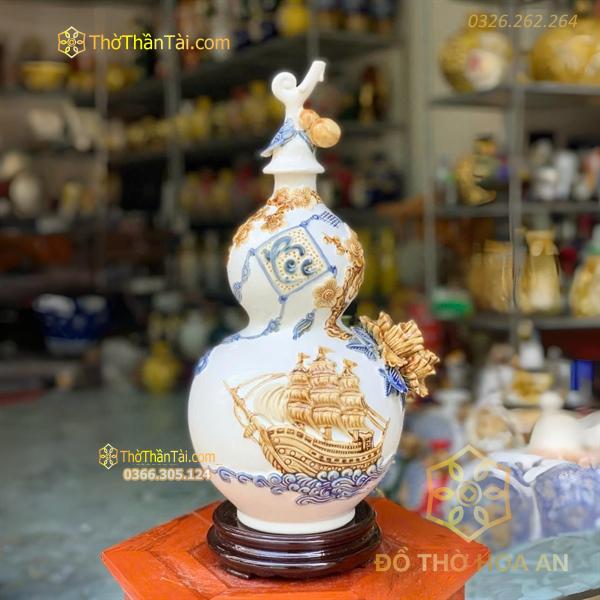 Hồ Lô Hút Lộc Chữ Lộc Thuận Buồm Xuôi Gió Trắng Đắp Nổi