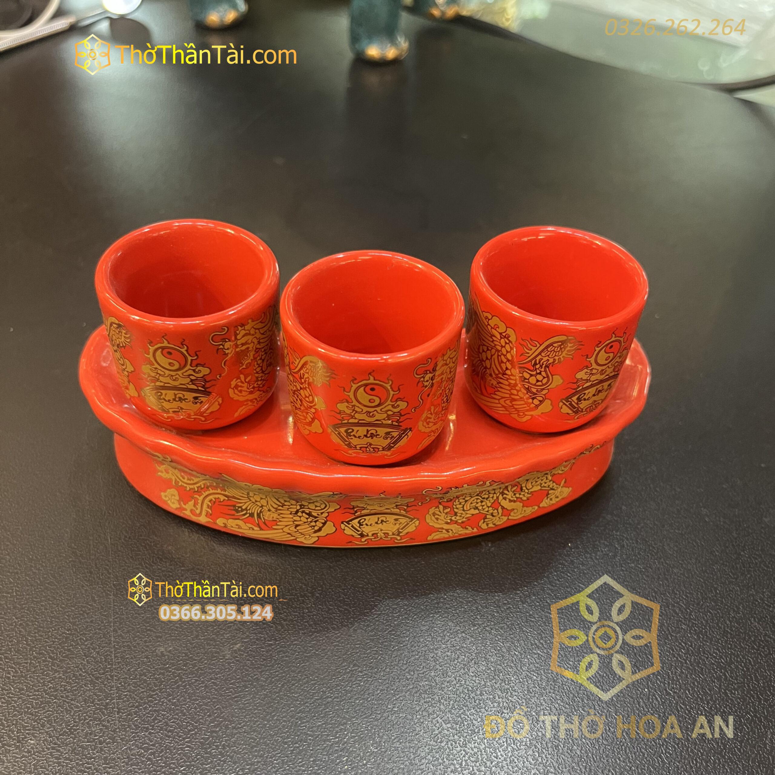 Kỷ / Khay 3 Chén Sứ Men Đỏ Bát Tràng