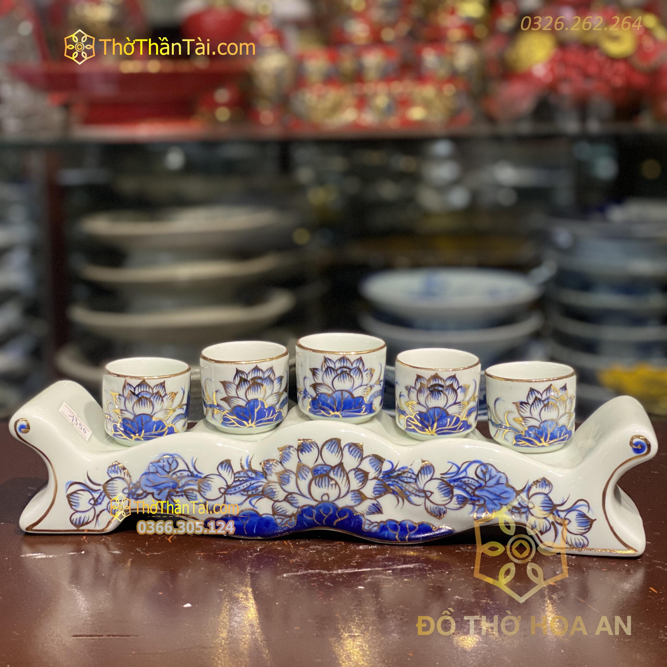 Kỷ Ngai 5 Chén Men Lam Vẽ Vàng 24K