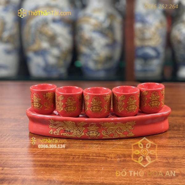 Kỷ / Khay 5 Chén Sứ Men Đỏ Bát Tràng