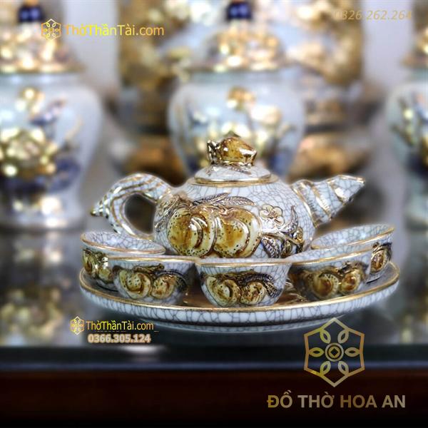 Bộ Ấm Chén Trà Thờ Men Rạn Vẽ Vàng 24K
