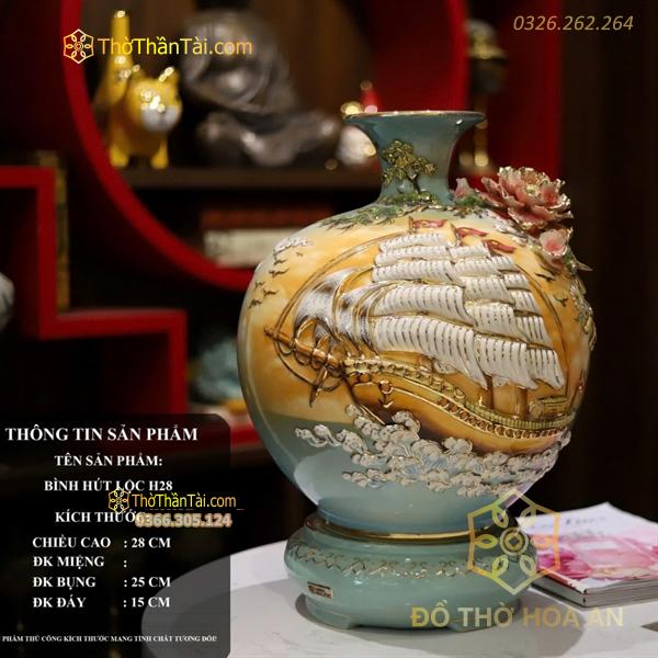 Bình Hút Lộc Thuận Buồm Xuôi Gió Men Xanh Ngọc Loang Vàng Đắp Nổi Vẽ Vàng 24K H28