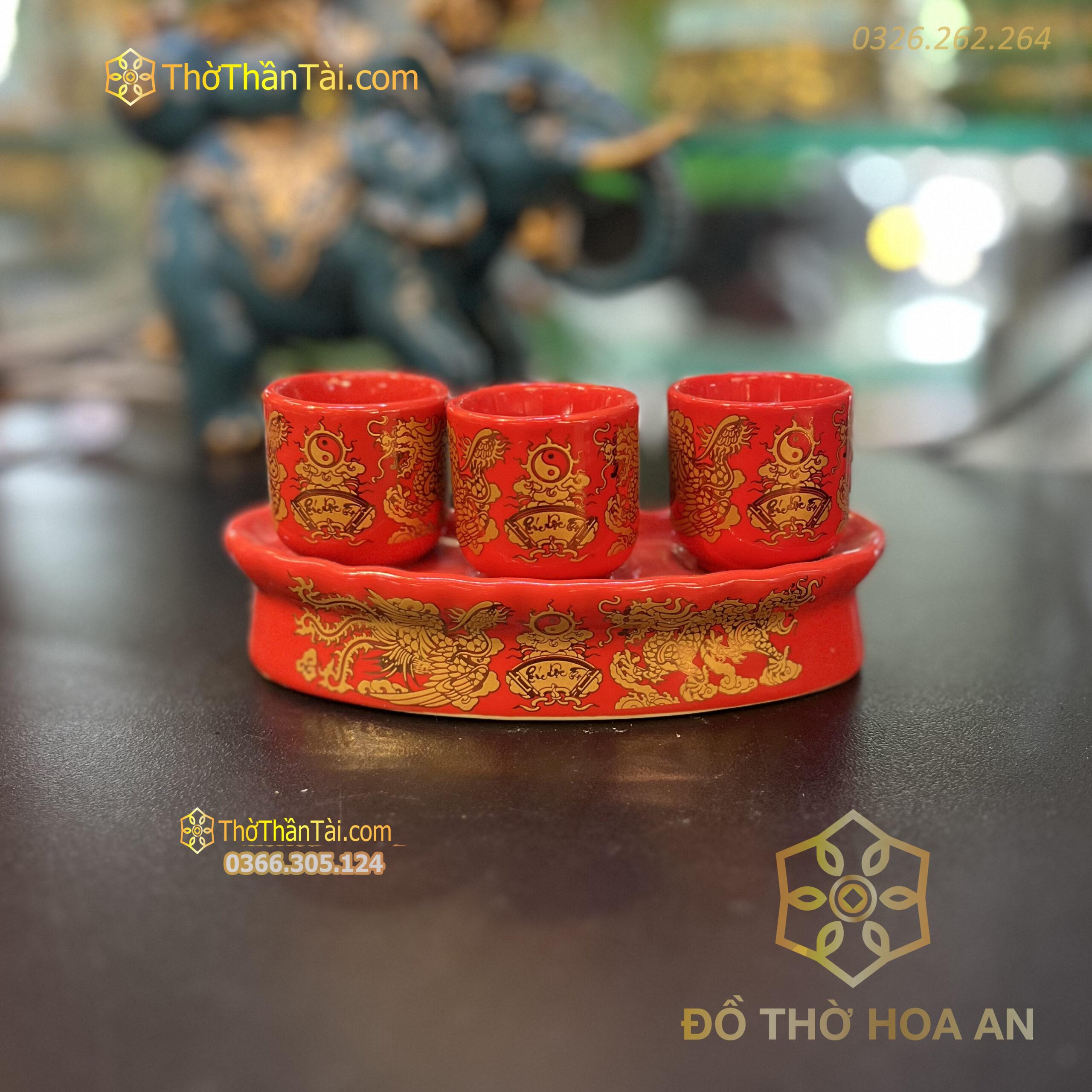 Kỷ / Khay 3 Chén Sứ Men Đỏ Bát Tràng