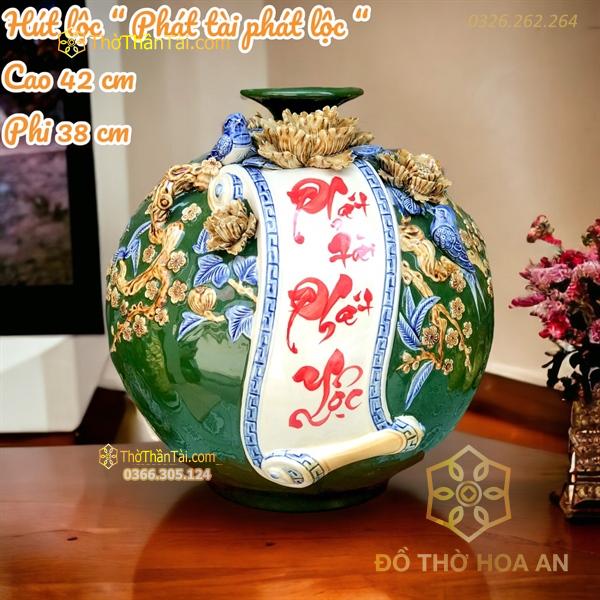 Bình Hút Lộc Cuốn Thư Phát Tài Phát Lộc Men Màu Đắp Nổi