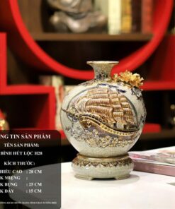 Bình Hút Lộc Thuận Buồm Xuôi Gió Men Rạn Đắp Nổi Vẽ Vàng 24K H28