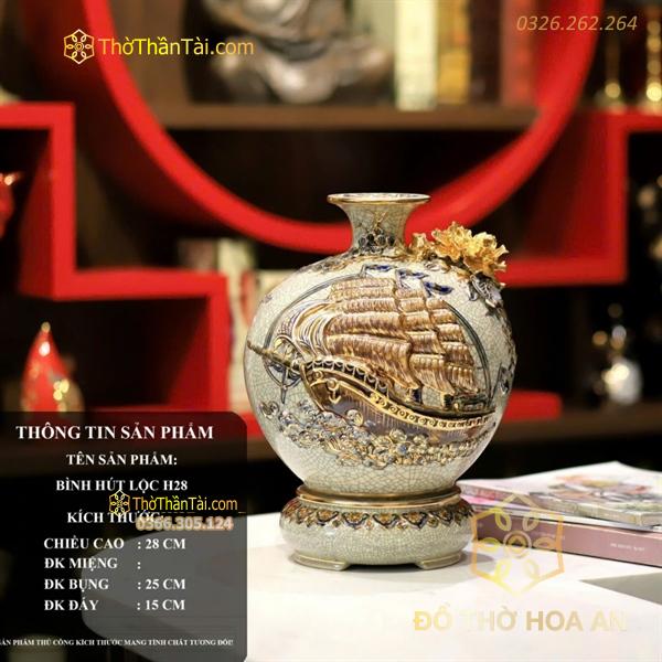 Bình Hút Lộc Thuận Buồm Xuôi Gió Men Rạn Đắp Nổi Vẽ Vàng 24K H28