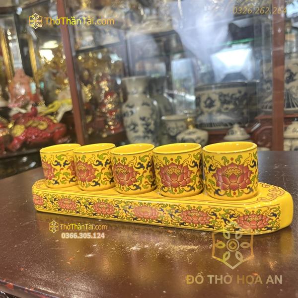 Khay Nước 5 Chén Gấm Vàng
