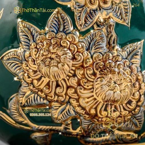 Bình Hút Lộc Thuận Buồm Xuôi Gió Men Xanh Lá Đắp Nổi Vẽ Vàng 24K H28 M2