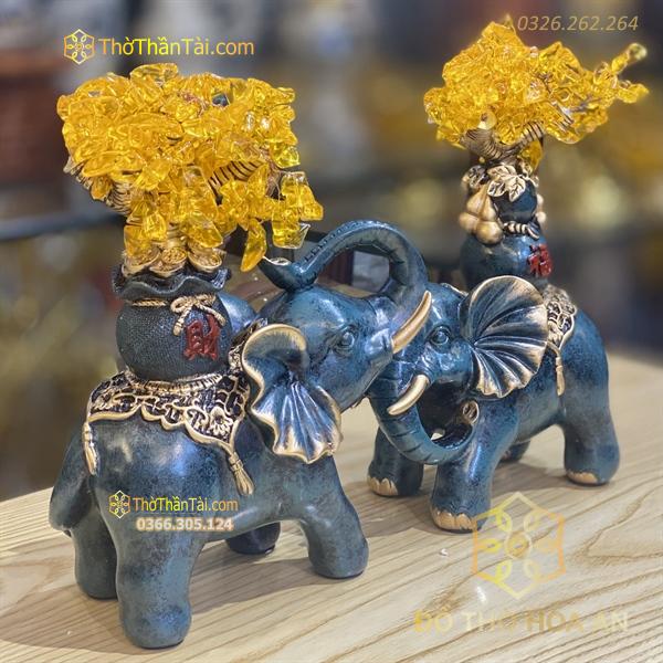 Tượng Voi Phong Thủy Màu Xanh Dương Kim Tiền