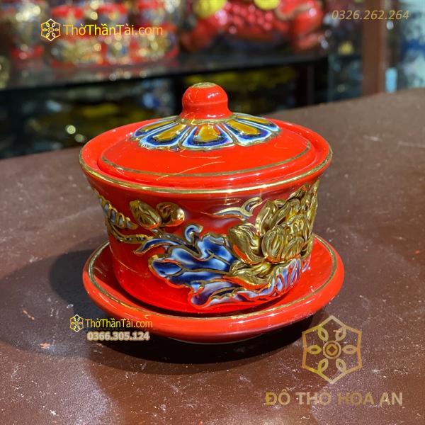 Bát Sâm/ Bát Nước Men Đỏ Vẽ Vàng 24K